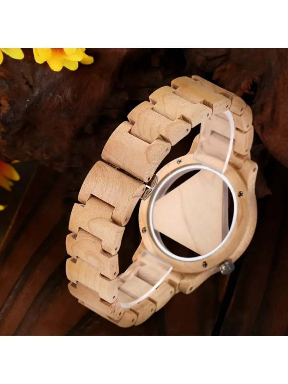 Men's Beige Classic Handmade Triangle Bamboo Analog Date Quartz Wooden Watch